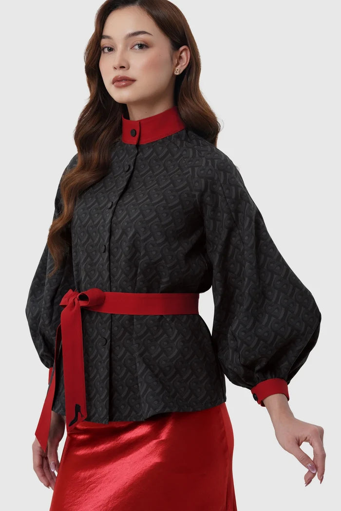 the editor puff shirt in black by buttonscarves x the devil wears prada 2 front view