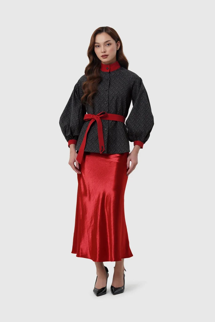the editor puff shirt in black by buttonscarves x the devil wears prada 2 full body view