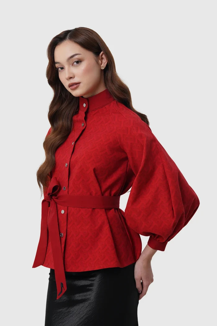 the editor puff shirt in red by buttonscarves x the devil wears prada 2 front view