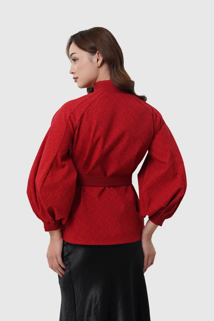 the editor puff shirt in red by buttonscarves x the devil wears prada 2 back view