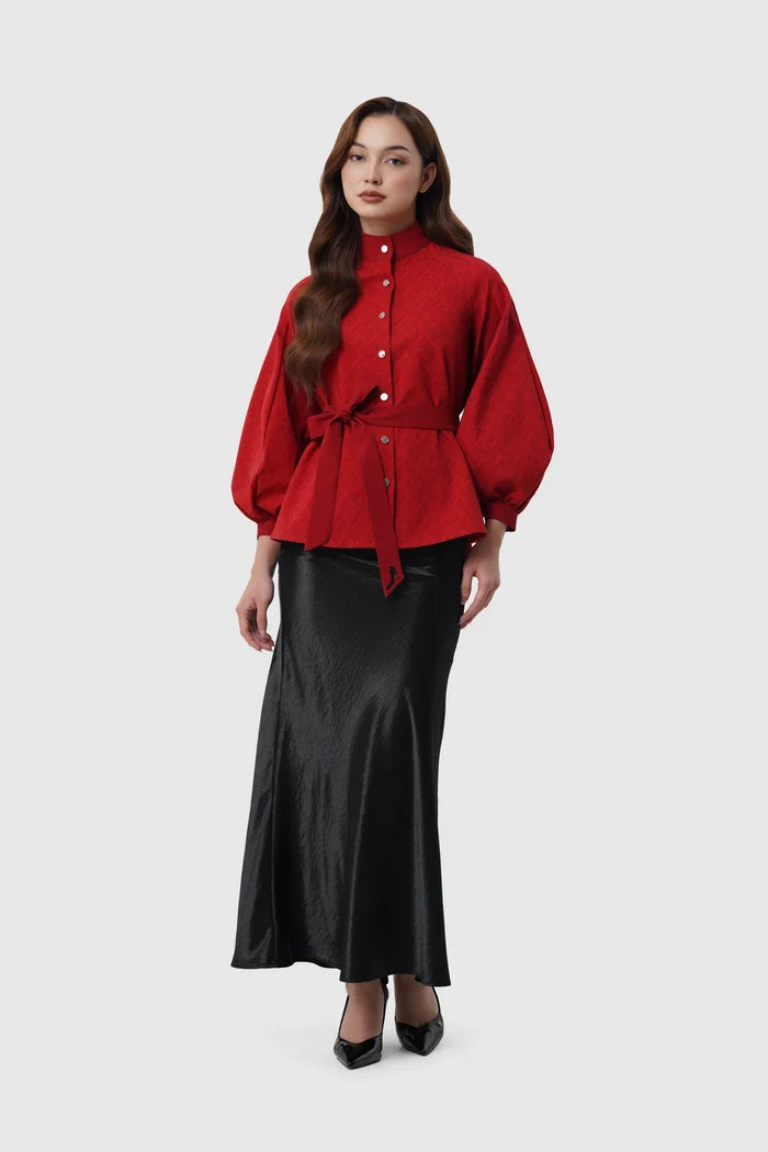 the editor puff shirt in red by buttonscarves x the devil wears prada 2 full body view