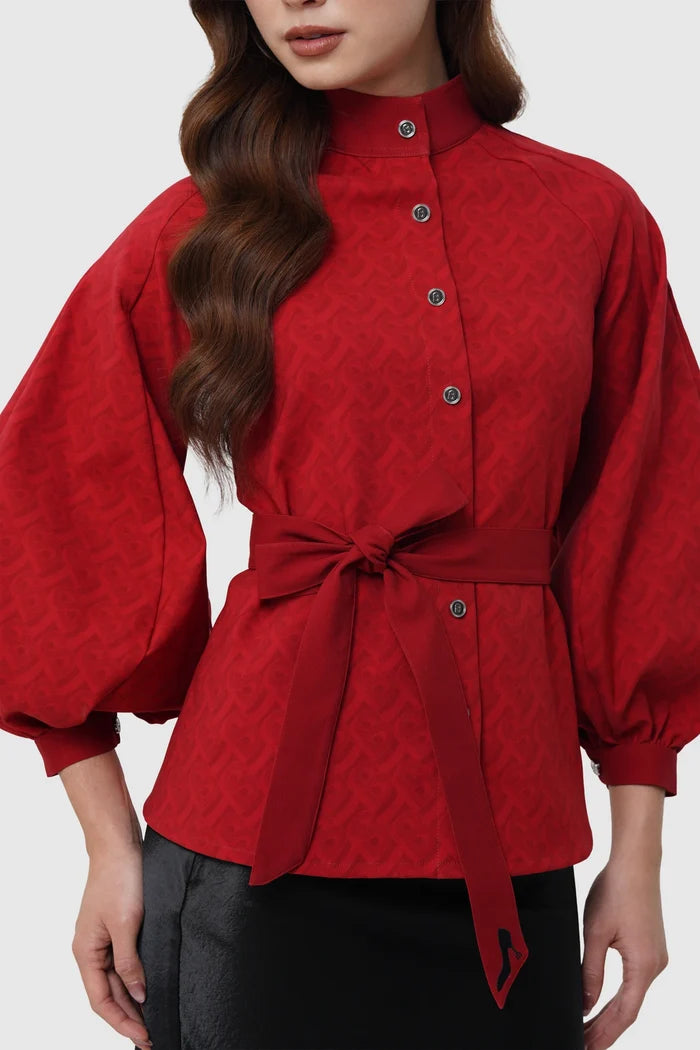 the editor puff shirt in red by buttonscarves x the devil wears prada 2 pattern detail