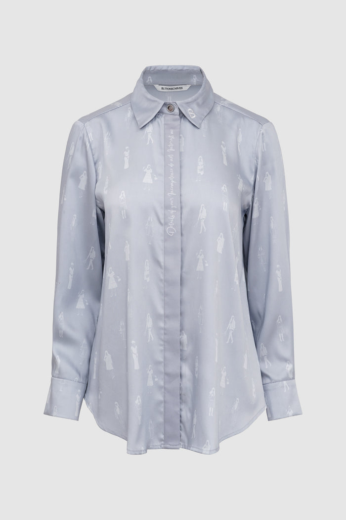 the editor satin shirt in grey by buttonscarves x the devil wears prada 2