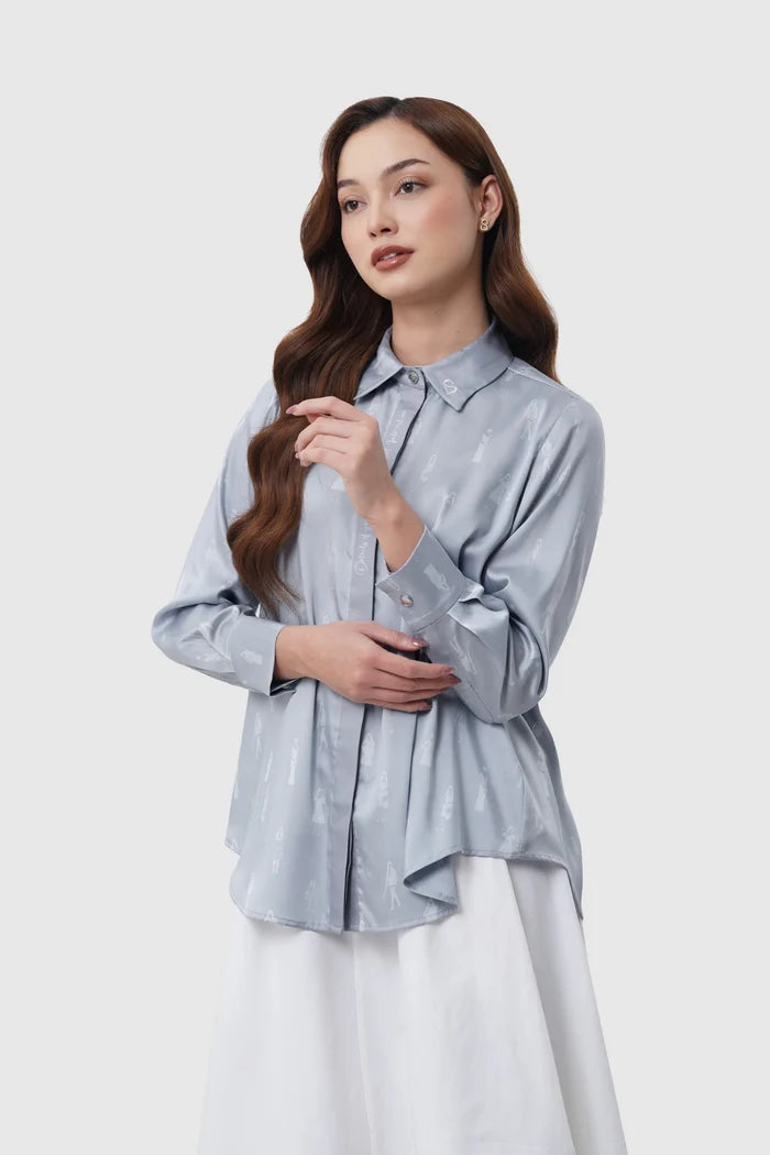 the editor satin shirt in grey by buttonscarves x the devil wears prada 2 front view