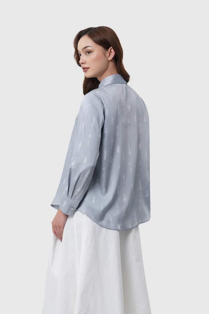 the editor satin shirt in grey by buttonscarves x the devil wears prada 2 back view