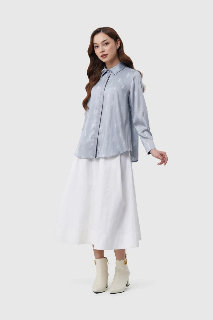 the editor satin shirt in grey by buttonscarves x the devil wears prada 2 full body view