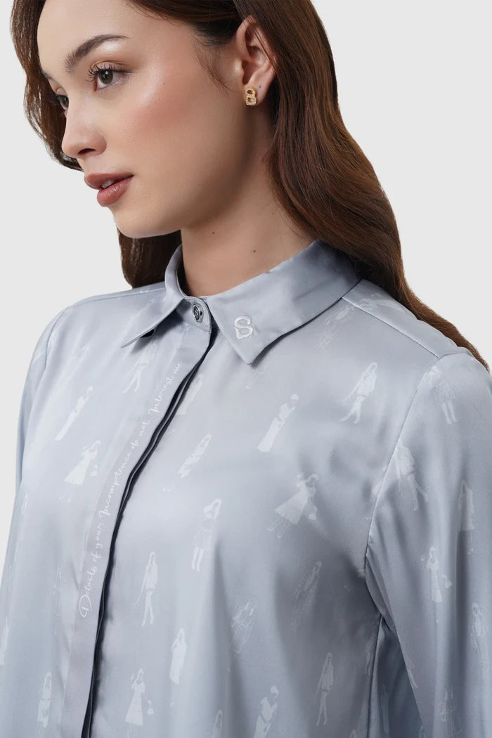 the editor satin shirt in grey by buttonscarves x the devil wears prada 2 pattern detail