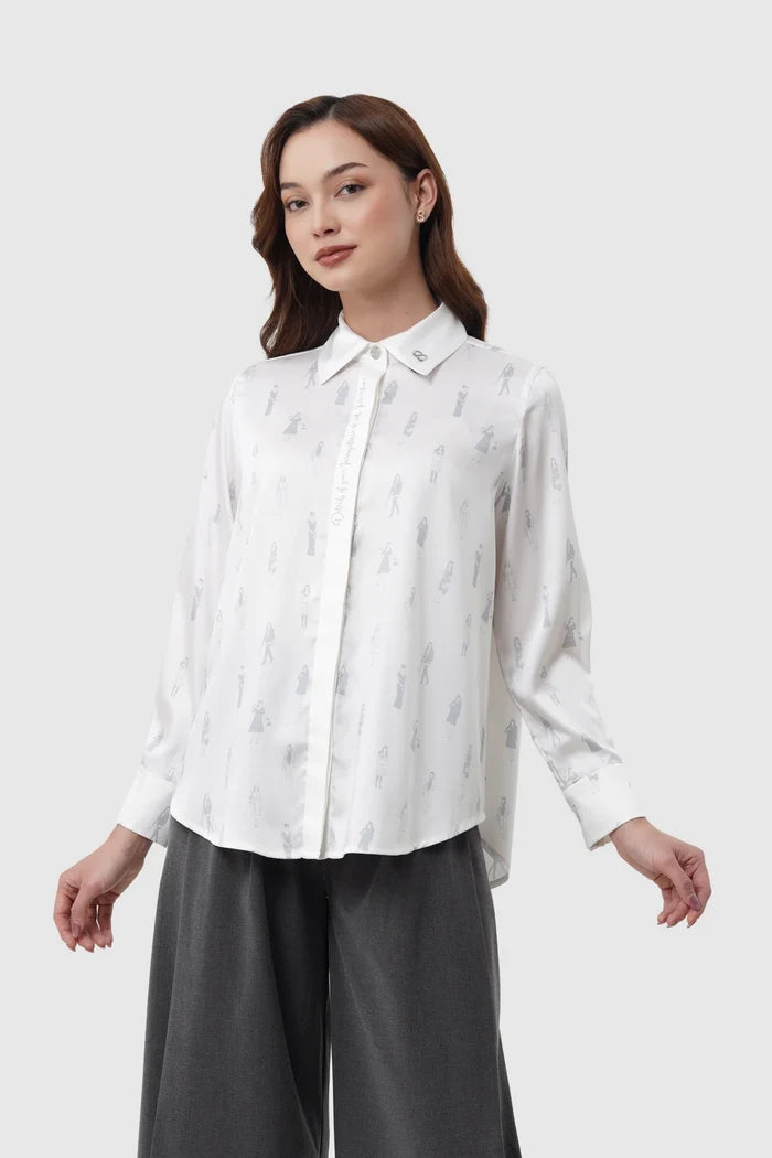 the editor satin shirt in white by buttonscarves x the devil wears prada 2 front view