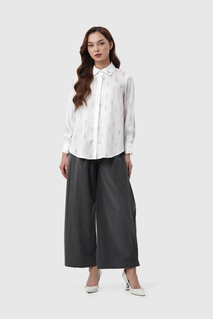 the editor satin shirt in white by buttonscarves x the devil wears prada 2 full body view