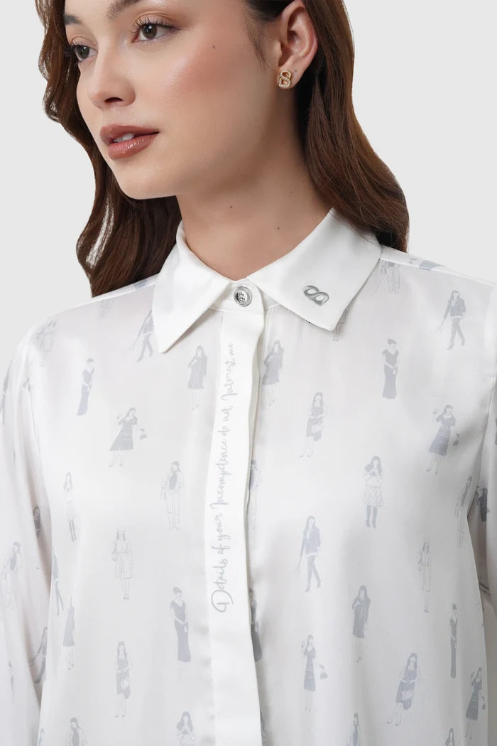 the editor satin shirt in white by buttonscarves x the devil wears prada 2 pattern detail