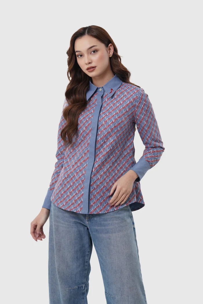the editor shirt in blue by buttonscarves x the devil wears prada 2 front view