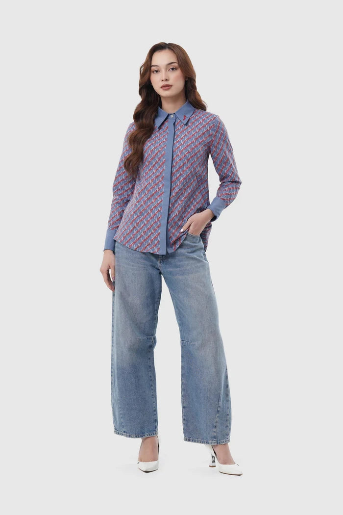 the editor shirt in blue by buttonscarves x the devil wears prada 2 full body view