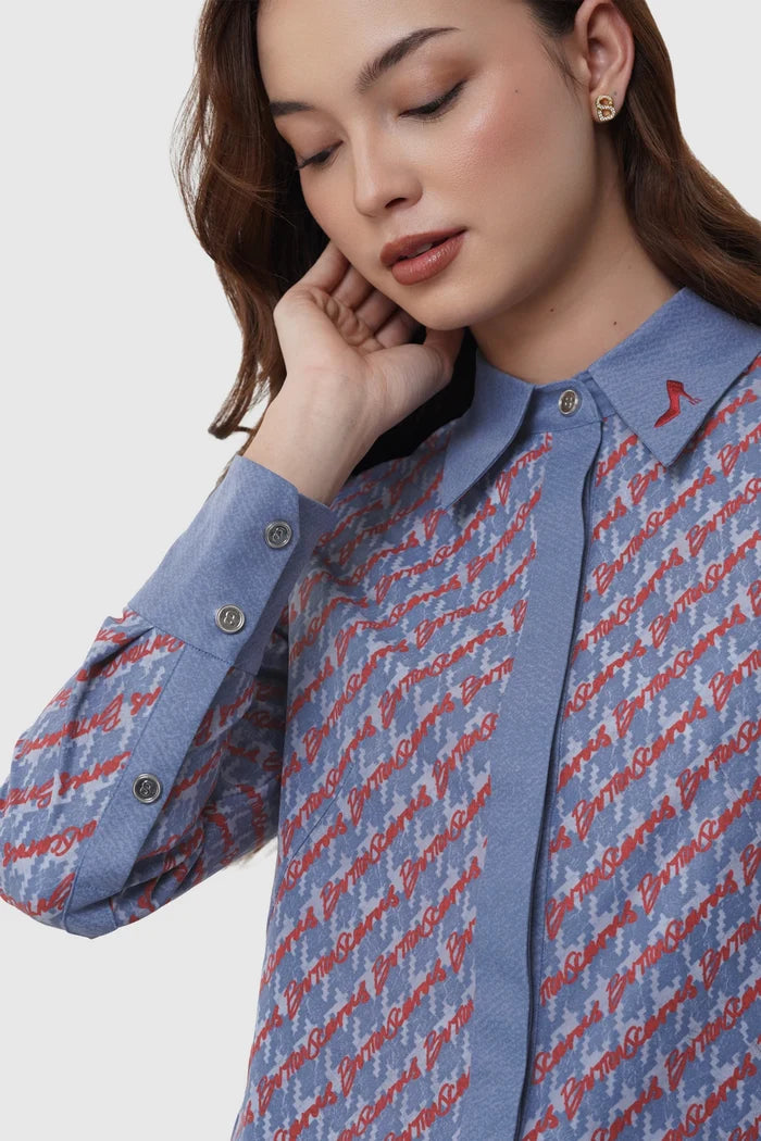 the editor shirt in blue by buttonscarves x the devil wears prada 2 pattern detail