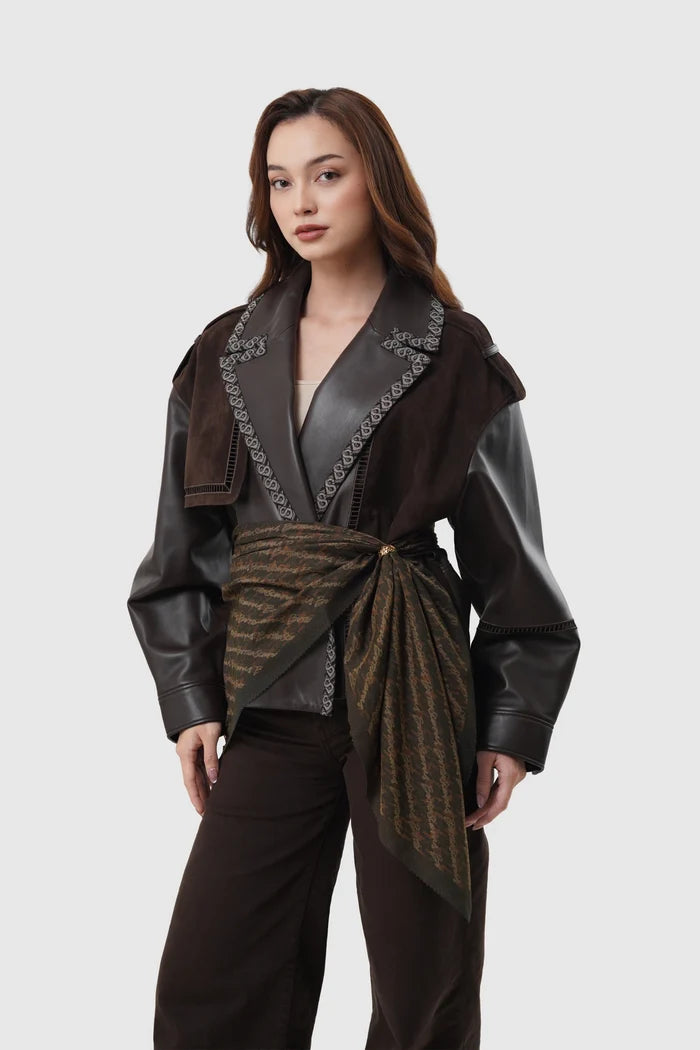 the editor square scarf in espresso by buttonscarves x the devil wears prada 2 style look