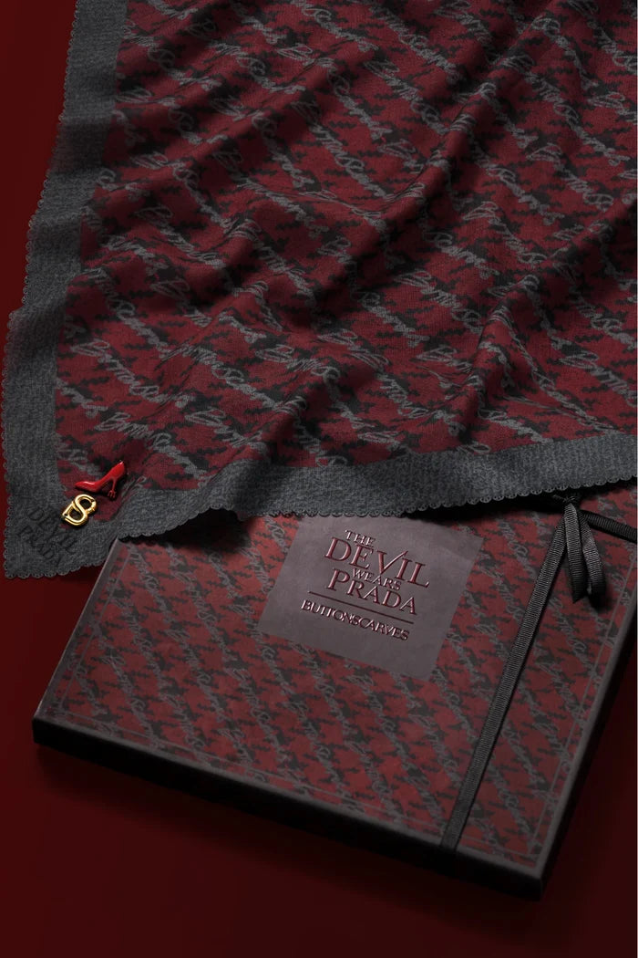the editor square scarf in rouge by buttonscarves x the devil wears prada 2 packaging detail