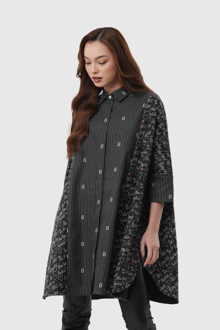 the editor tunic shirt in black by buttonscarves x the devil wears prada 2 front view