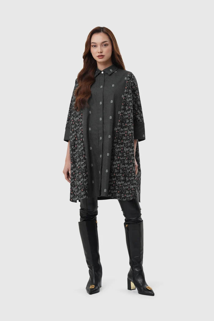 the editor tunic shirt in black by buttonscarves x the devil wears prada 2 full body view