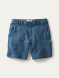 Blue solid shorts with belt loops and side pockets, shown from front and angled views.