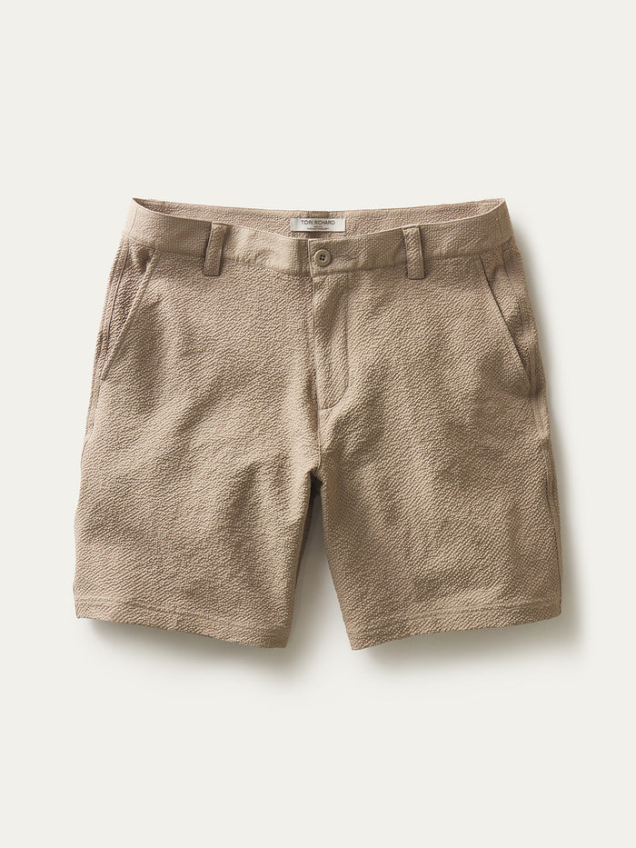 Brown solid Lanai shorts with pockets, belt loops, and button closure, shown from front and back views.