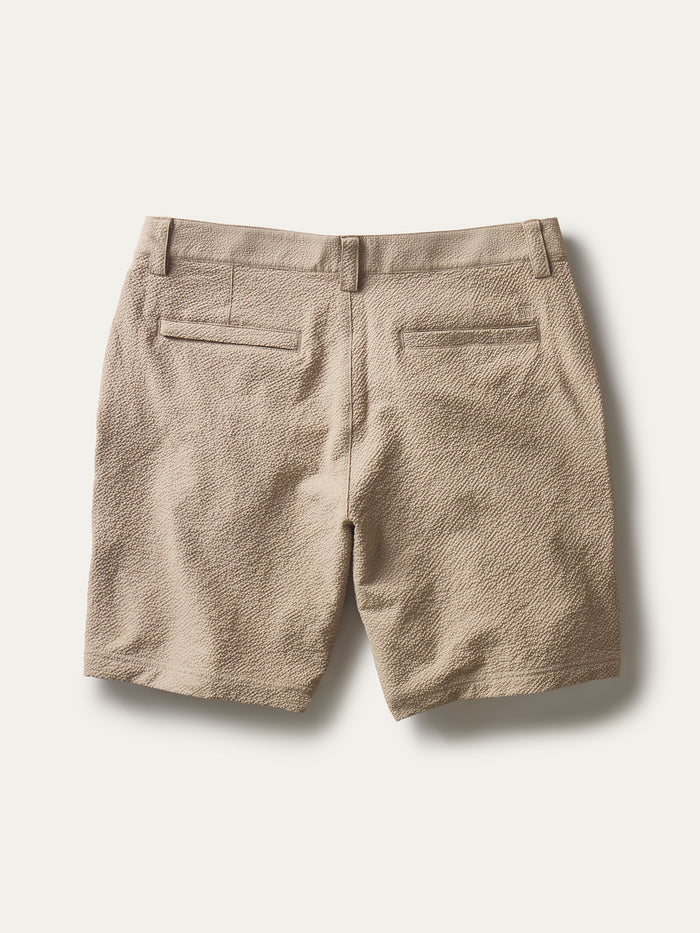 Brown solid Lanai shorts with pockets, belt loops, solid shorts, back view, showing welt pockets, belt loops, and UPF protection.