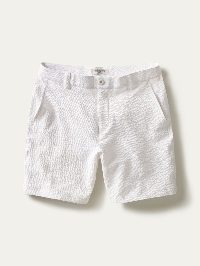 White textured shorts with cooling fabric, belt loops, UPF protection, and pockets, front view.
