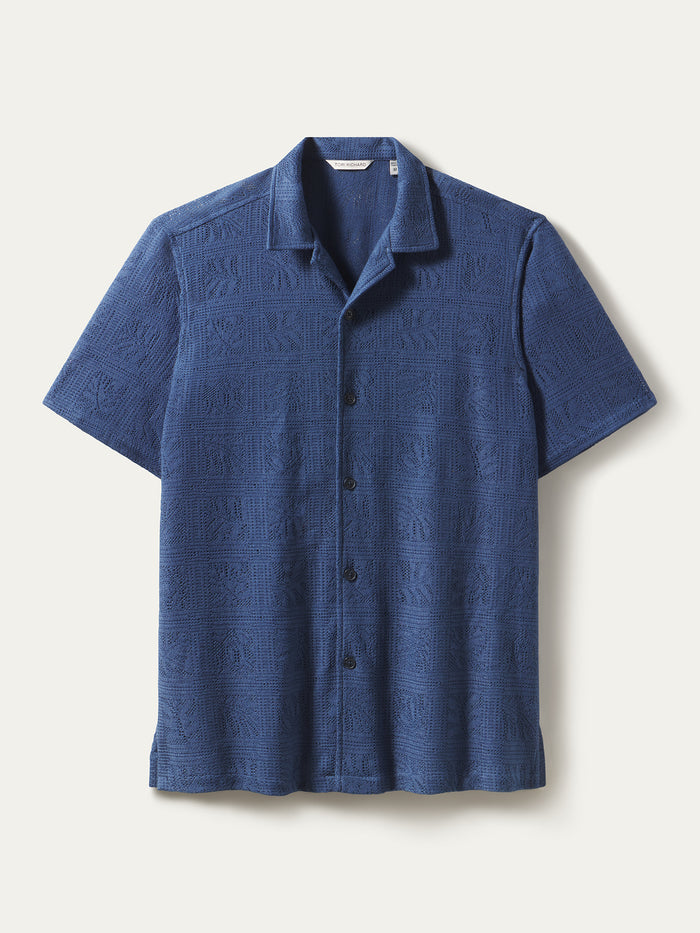 Blue textured short-sleeve button-up shirt, front and detail views.
