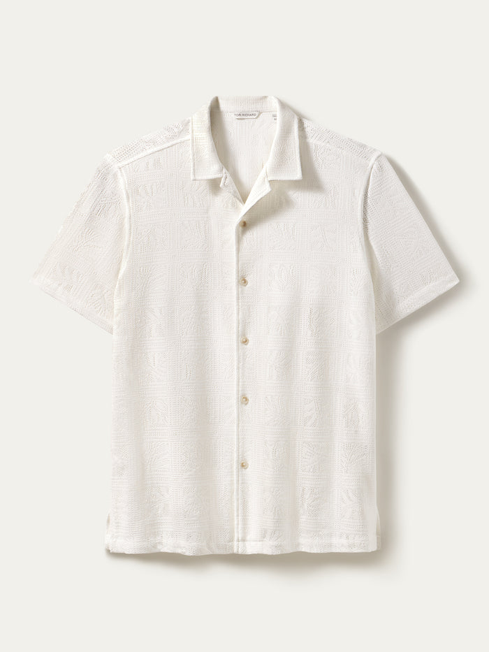 White short-sleeve button-up shirt with subtle square texture/pattern, front view.
