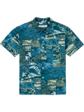Blue-green tropical print short-sleeve shirt with white buttons, front view.