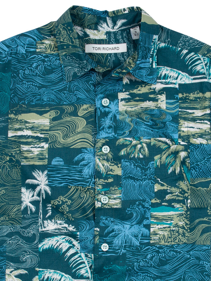 Teal cotton shirt with wave, palm, and sunset accents—shown front and sleeve detail views.