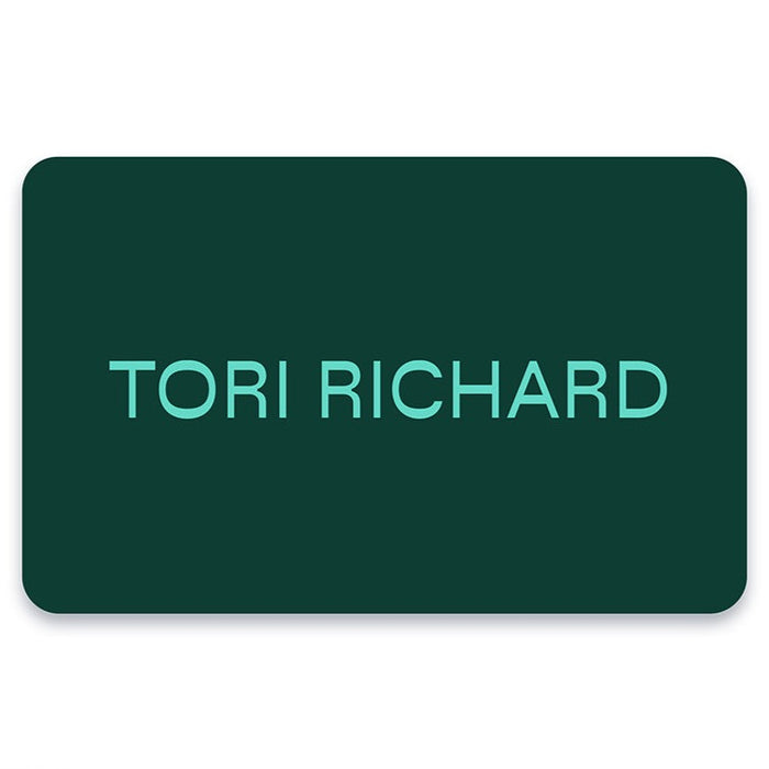 White and gold Tori Richard E-Gift Card with decorative pattern, front view shown in both images.