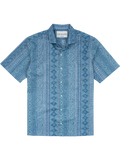 Blue geometric-print short-sleeve cotton button-up shirt with collar, flat lay front view.