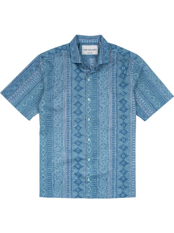 Blue geometric-print short-sleeve cotton button-up shirt with collar, flat lay front view.