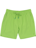 Bright green solid swim trunks with elastic waist, drawstring, and pockets, front view shown.