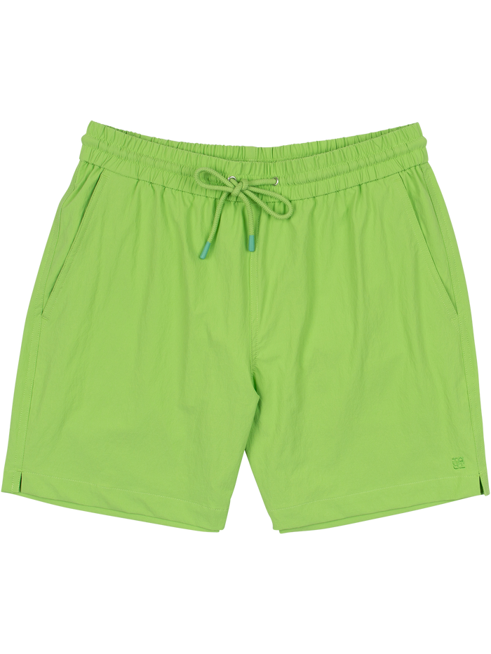 Bright green solid swim trunks with elastic waist, drawstring, and pockets, front view shown.