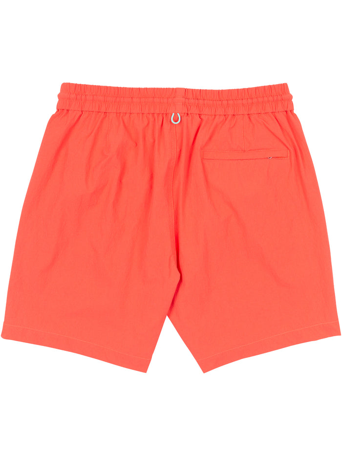 Bright orange swim shorts with elastic waist and back pocket, shown flat lay.