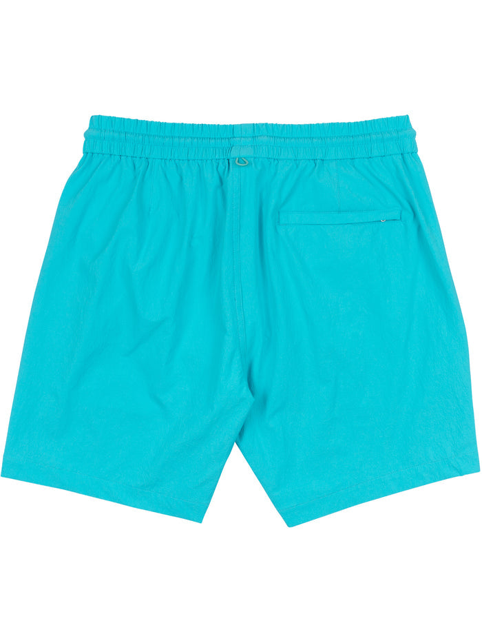 Bright turquoise swim shorts with elastic waist and back pocket, shown flat lay.