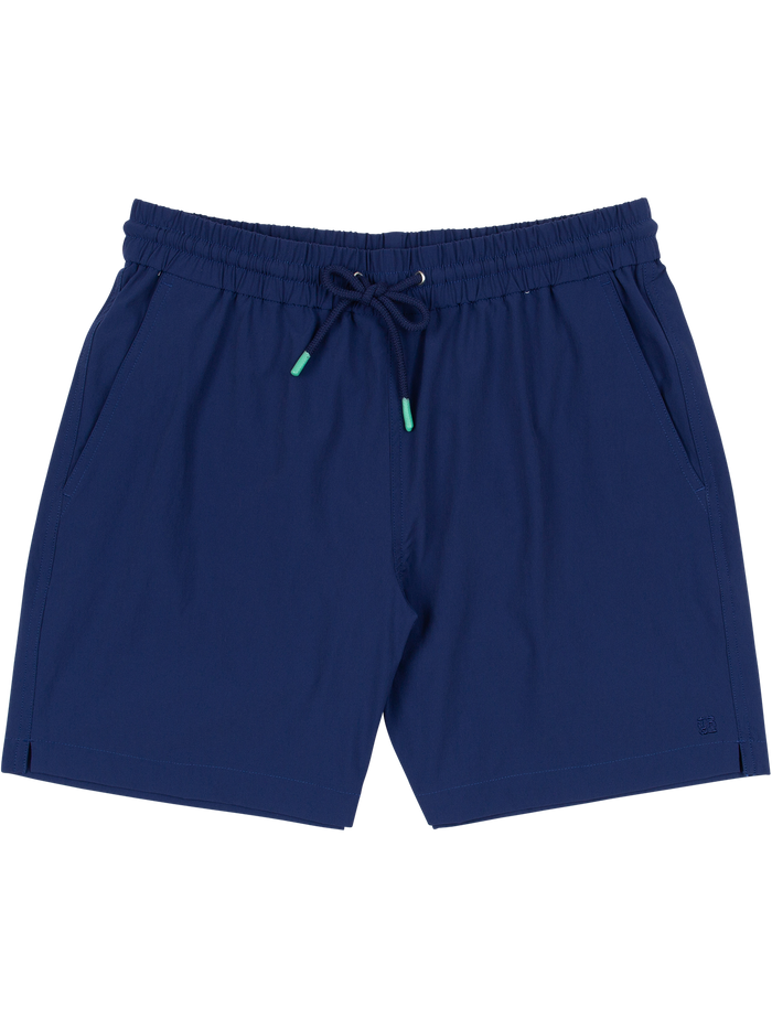 Navy blue solid swim shorts with green-tipped drawstring and side pockets, front view.