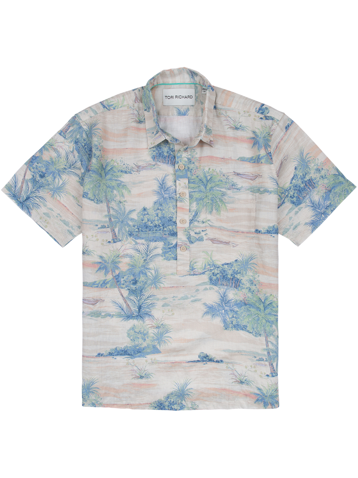 Blue-green tropical print short-sleeve linen shirt, front view shown in Images 1 and 2.
