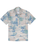 Blue-green tropical print short-sleeve linen shirt, front view shown in Images 1 and 2.