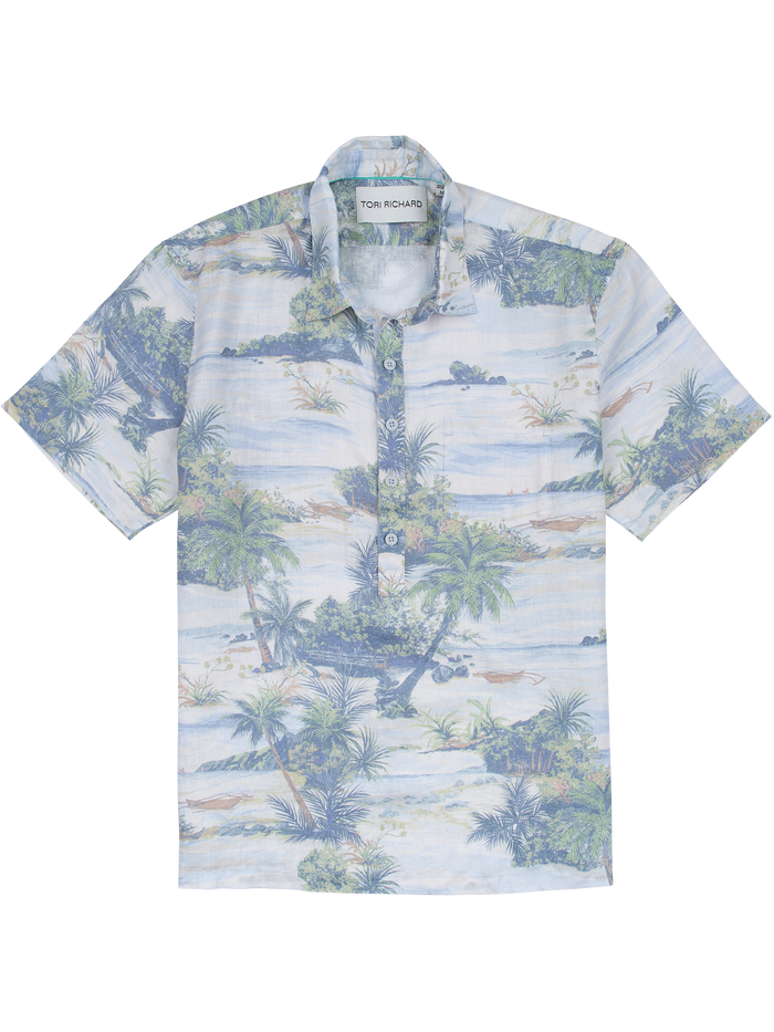 Pastel tropical-print short-sleeve linen shirt, relaxed fit, front view shown in both images.
