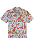 Red short-sleeve shirt with blue, green, and white palm leaf print, front view.