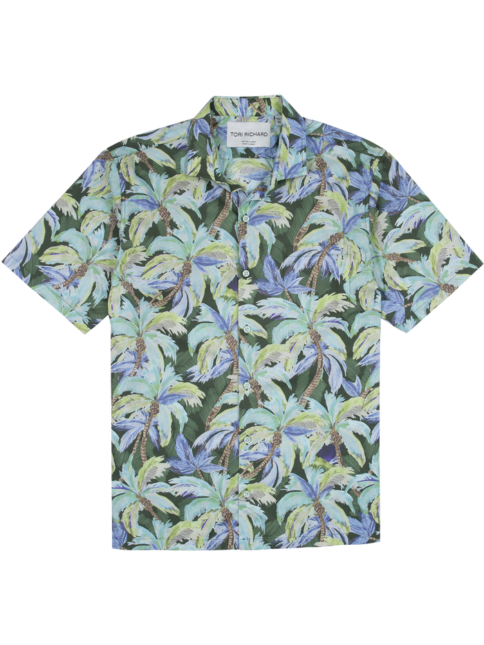 Green, blue, and beige palm tree print short-sleeve button-up shirt, front view.