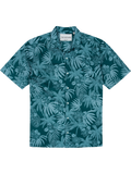 Teal and blue tropical-print short-sleeve cotton shirt, front view.