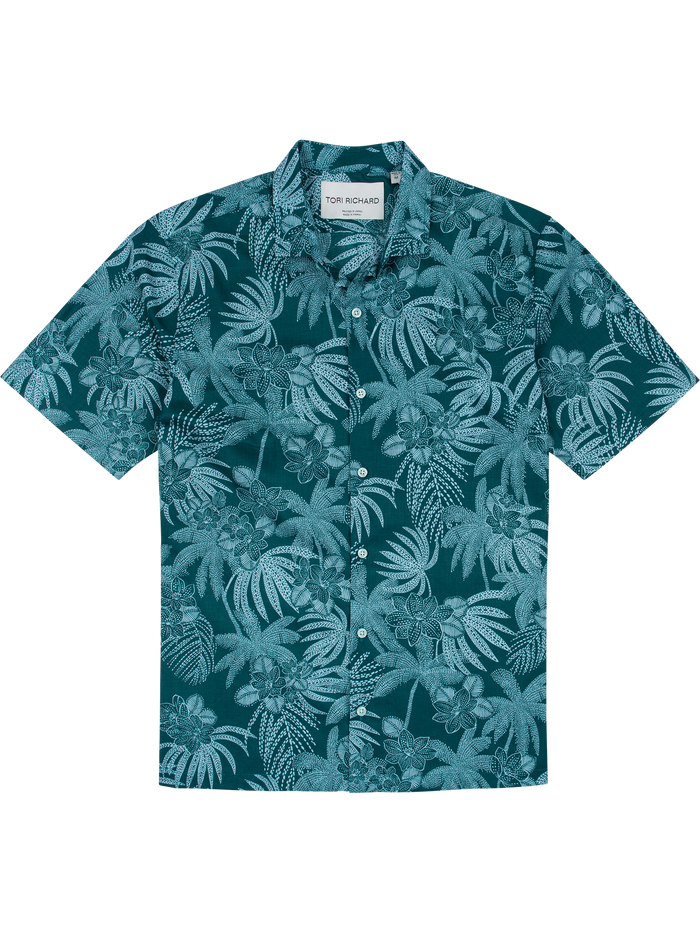 Teal and blue tropical-print short-sleeve cotton shirt, front view.