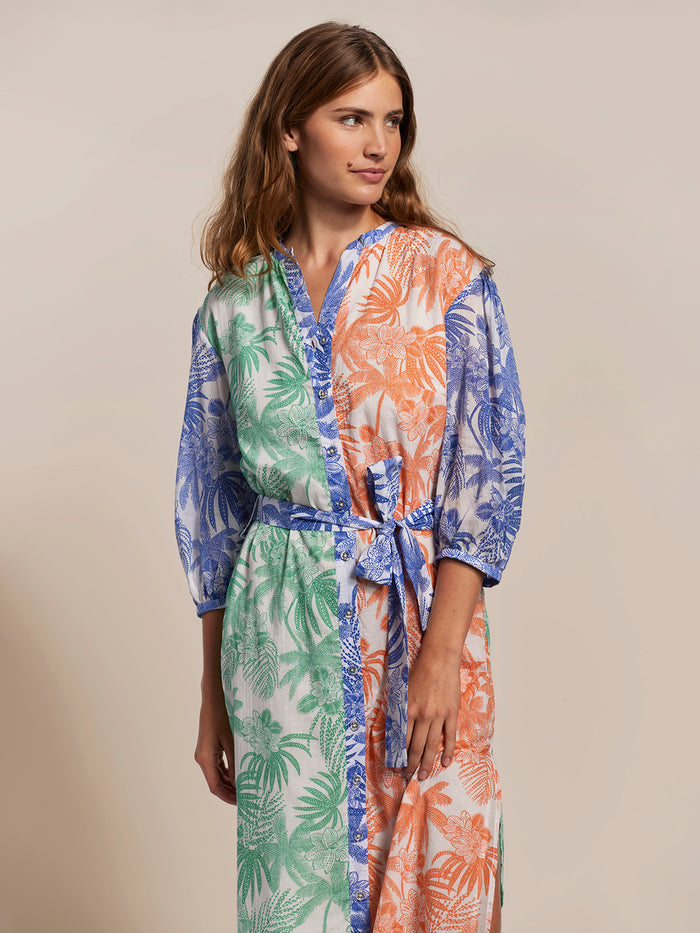 Multicolor cotton robe with green, orange, and blue palm leaf print and belted waist.