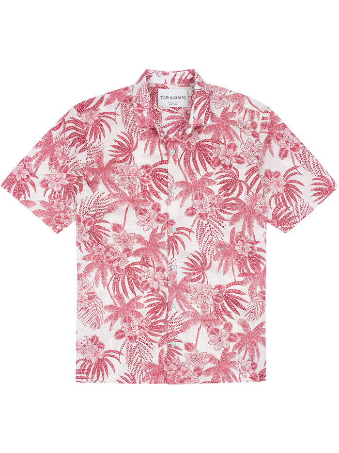White cotton tall shirt with pink tropical floral print, front and side views on cotton lawn fabric.