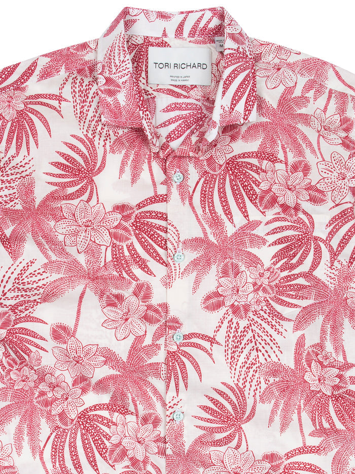 Red and white floral palm print cotton shirt, straight-on front view.