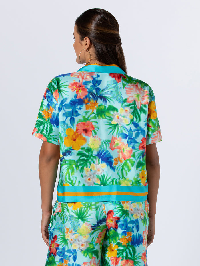 {{Vibrant multicolored pixelated floral-print cabana top, back view}}{{/AltText}}.