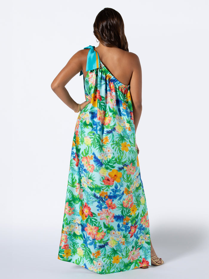 Multicolor tropical floral one-shoulder maxi dress, back view.