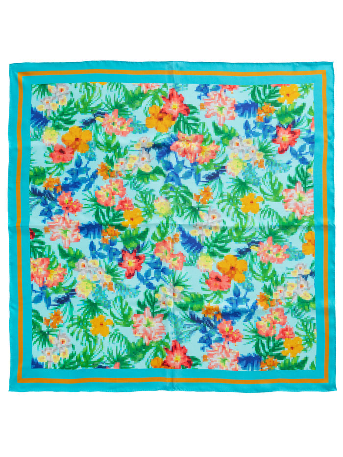 Blue, green, orange, yellow Hawaiian floral mulberry silk scarf with turquoise stripe border.